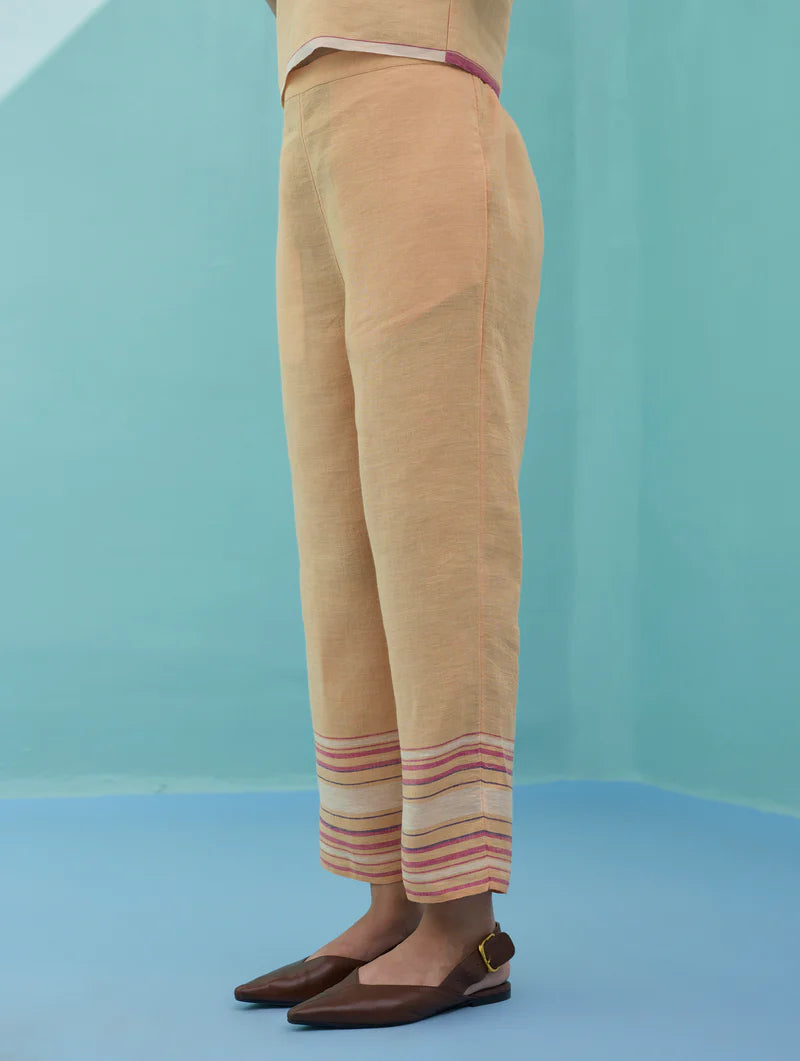 Ines Border Linen Tapered Pants - Apricot