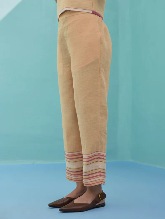 Ines Border Linen Tapered Pants - Apricot