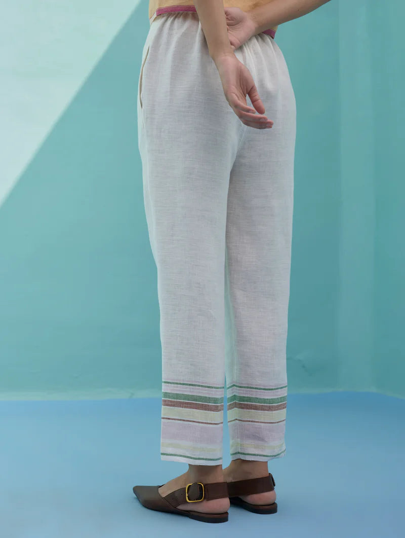 Ines Border Linen Tapered Pants - Ivory