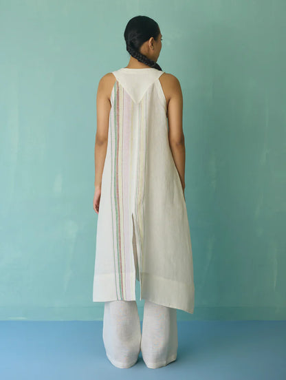 Vanya Border Linen Sleeveless Kurta Set - Ivory