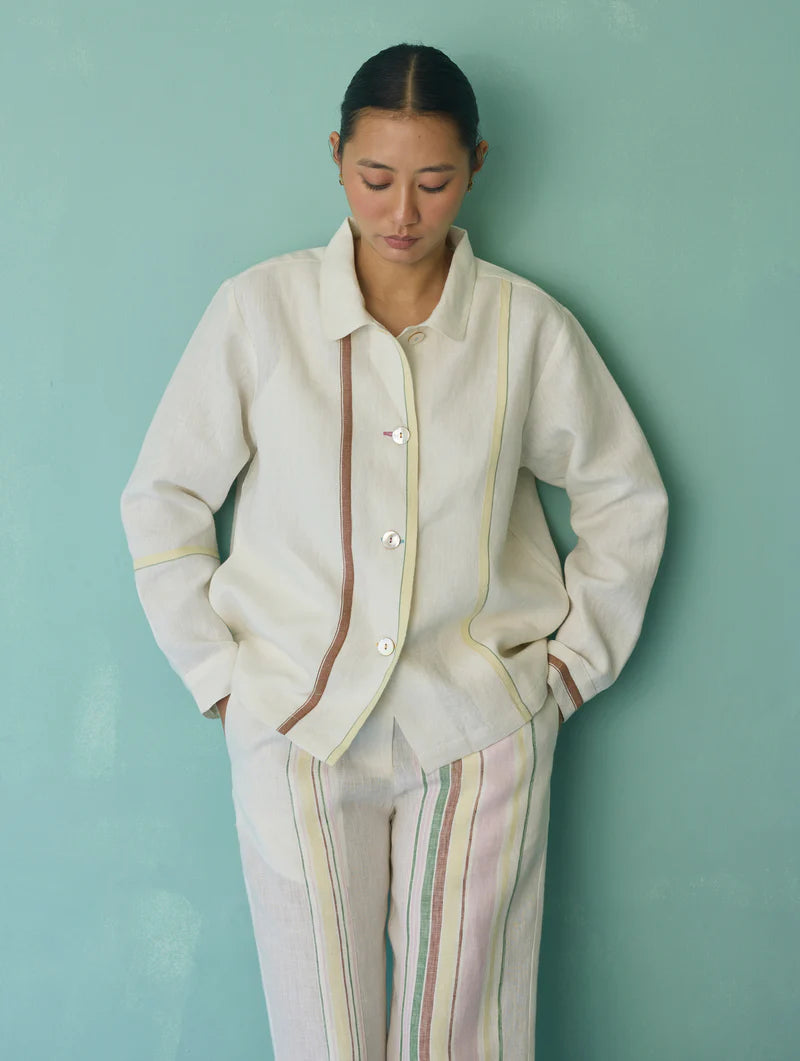 Della Border Linen Jacket - Ivory