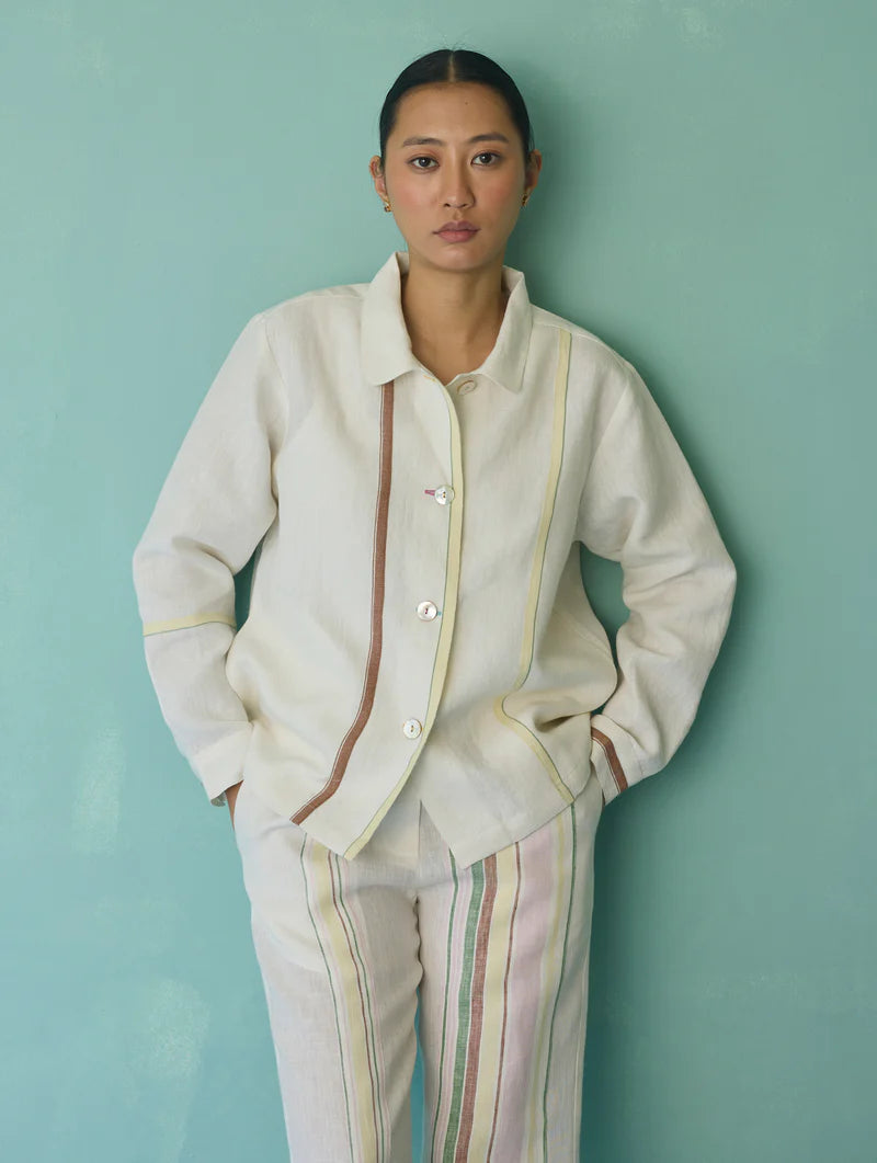 Della Border Linen Jacket - Ivory
