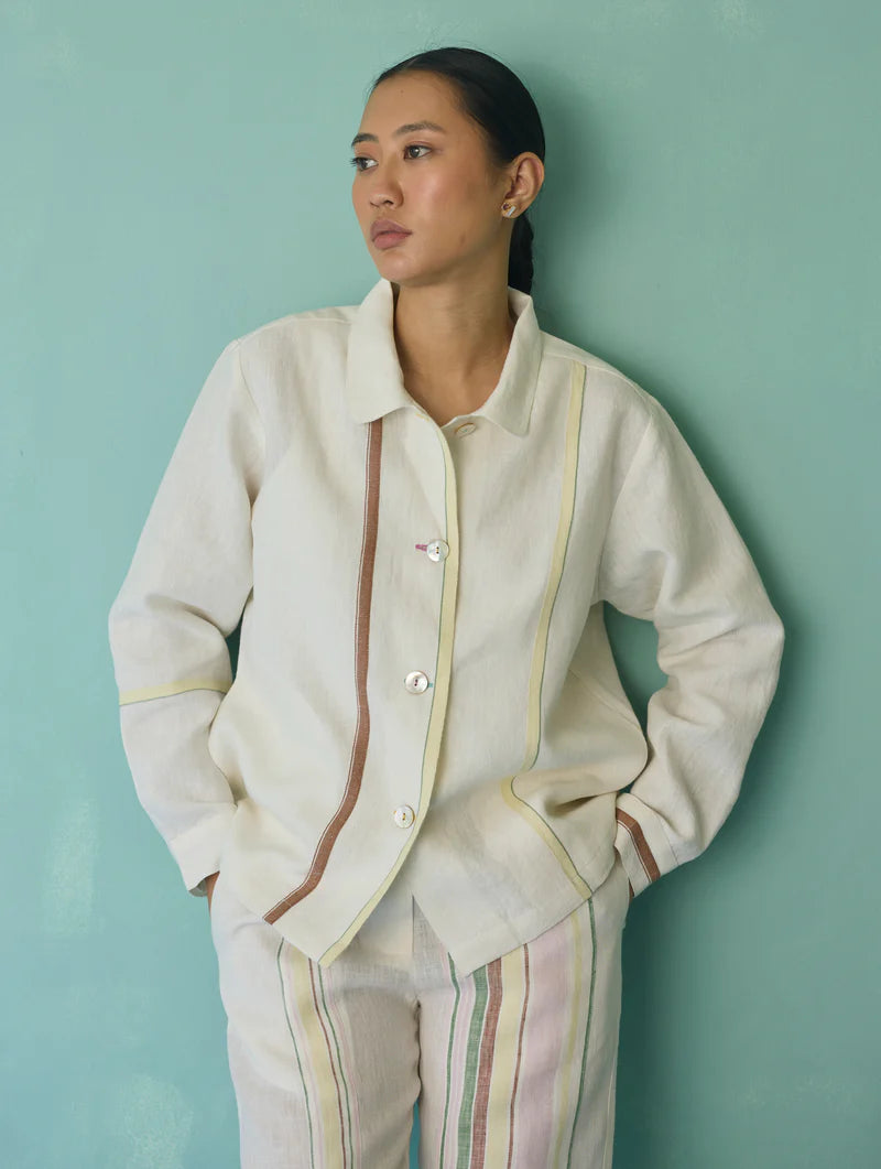 Della Border Linen Jacket - Ivory