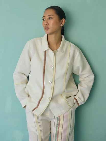 Della Border Linen Jacket - Ivory