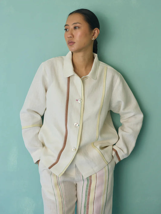 Della Border Linen Jacket - Ivory