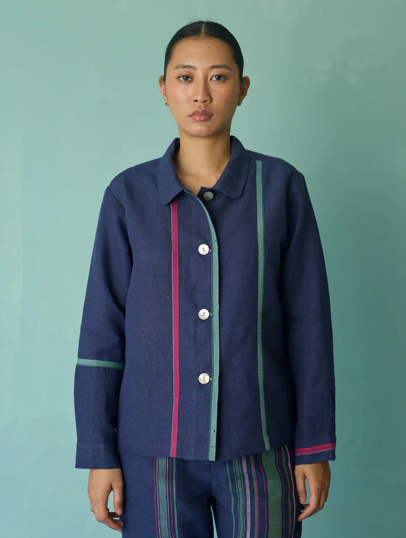 Della Border Linen Jacket - Indigo