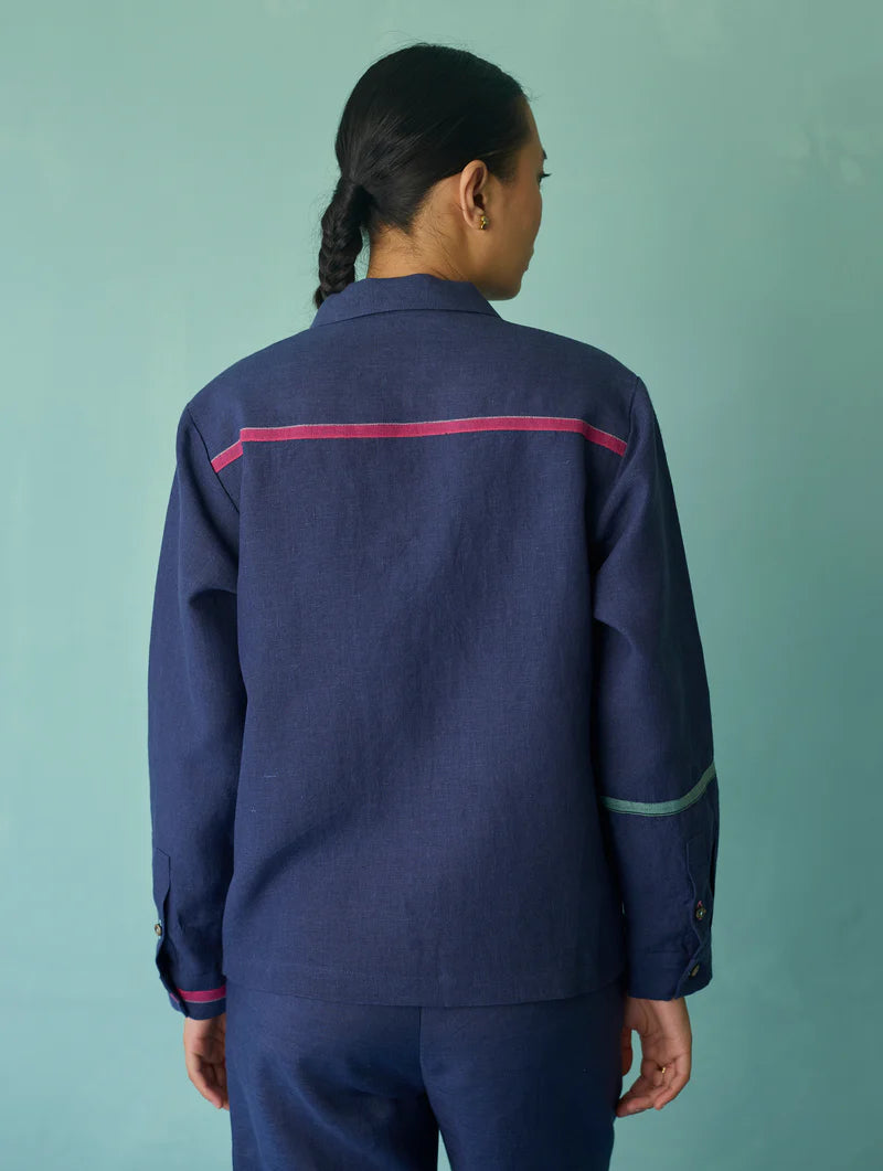 Della Border Linen Jacket - Indigo