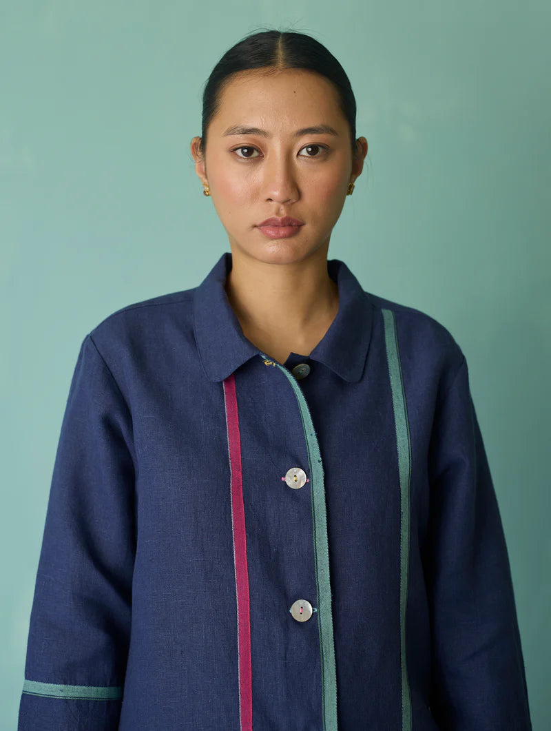 Della Border Linen Jacket - Indigo