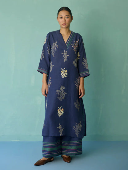 Zura Floral Block Printed Embroidered Kurta - Indigo