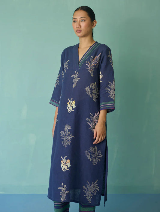 Zura Floral Block Printed Embroidered Kurta - Indigo