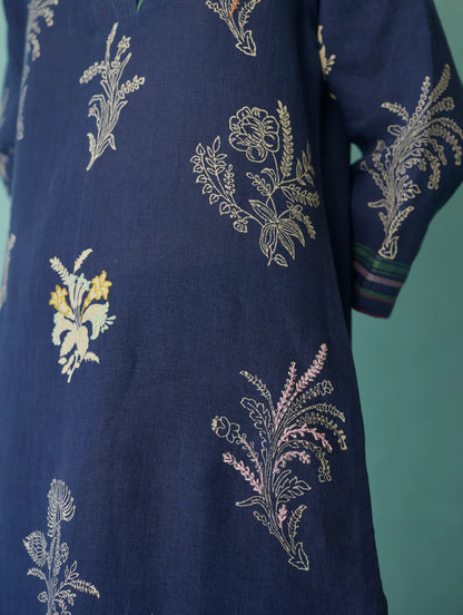 Zura Floral Block Printed Embroidered Kurta - Indigo