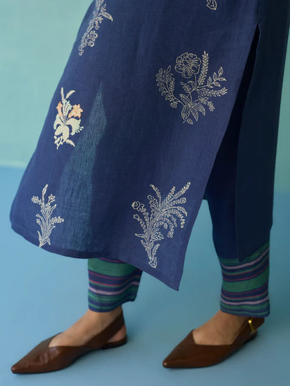 Ines Border Linen Tapered Pants - Indigo