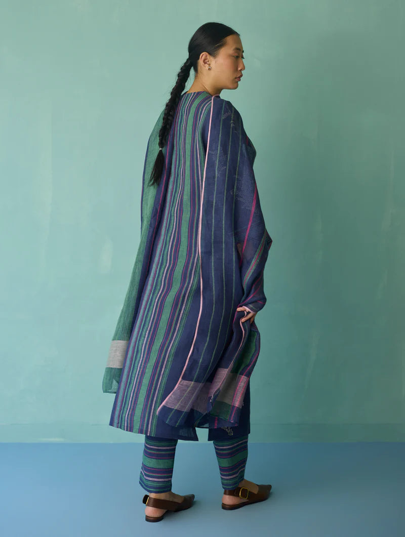 Zura Floral Block Printed Embroidered Kurta Set - Indigo