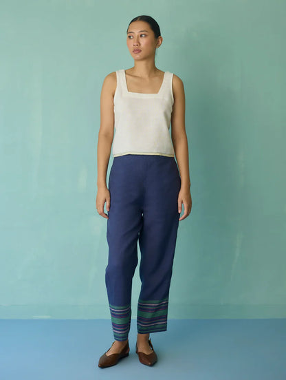 Ines Border Linen Tapered Pants - Indigo