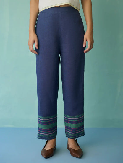 Ines Border Linen Tapered Pants - Indigo