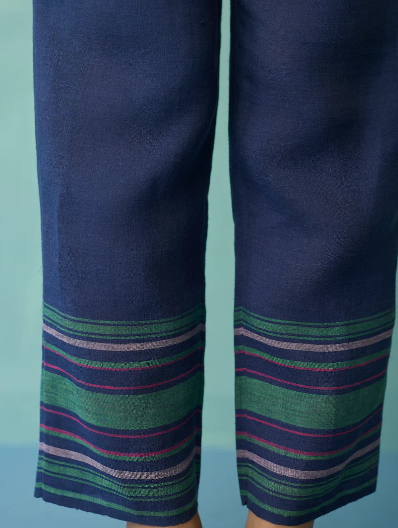 Ines Border Linen Tapered Pants - Indigo