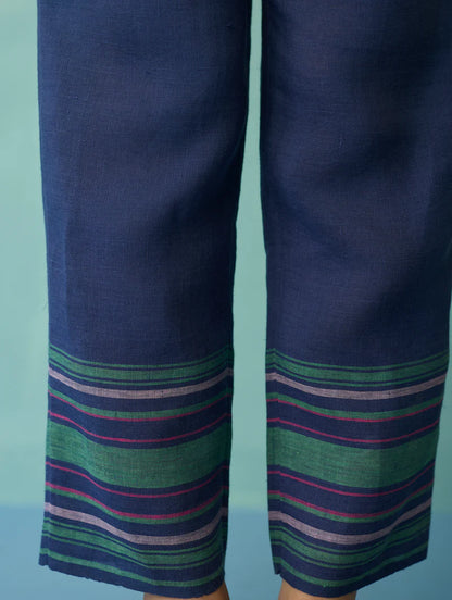 Ines Border Linen Tapered Pants - Indigo