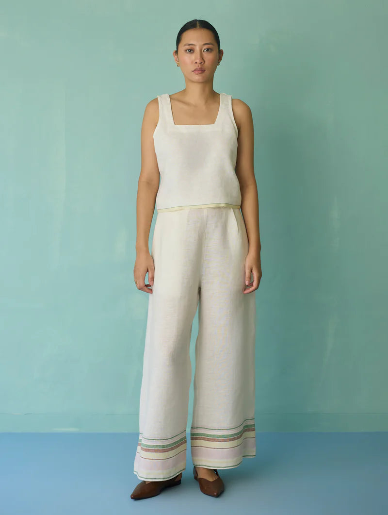 Alina Border Linen Pants - Ivory