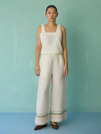 Alina Border Linen Pants - Ivory