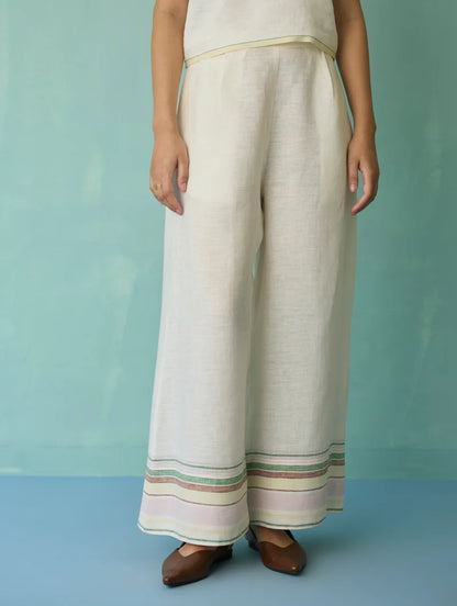 Alina Border Linen Pants - Ivory