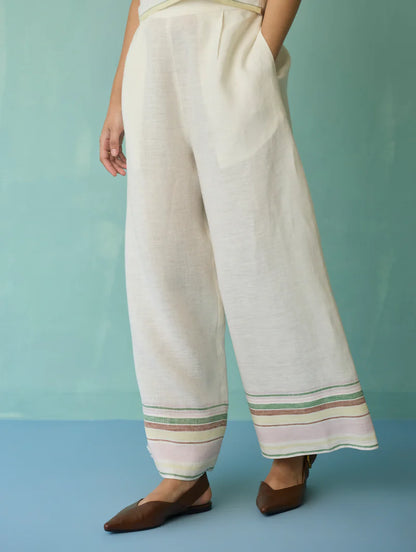 Alina Border Linen Pants - Ivory