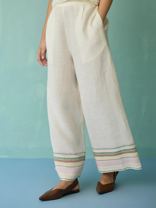 Alina Border Linen Pants - Ivory
