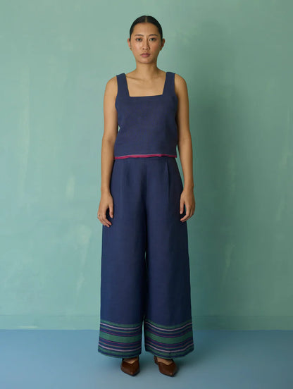 Alina Border Linen Pants - Indigo
