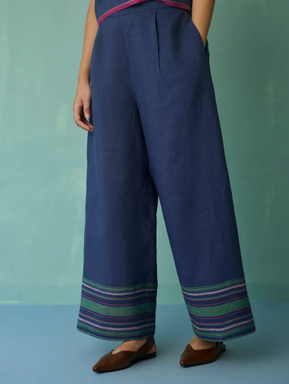 Amaya Border Linen Co-ord Set - Indigo