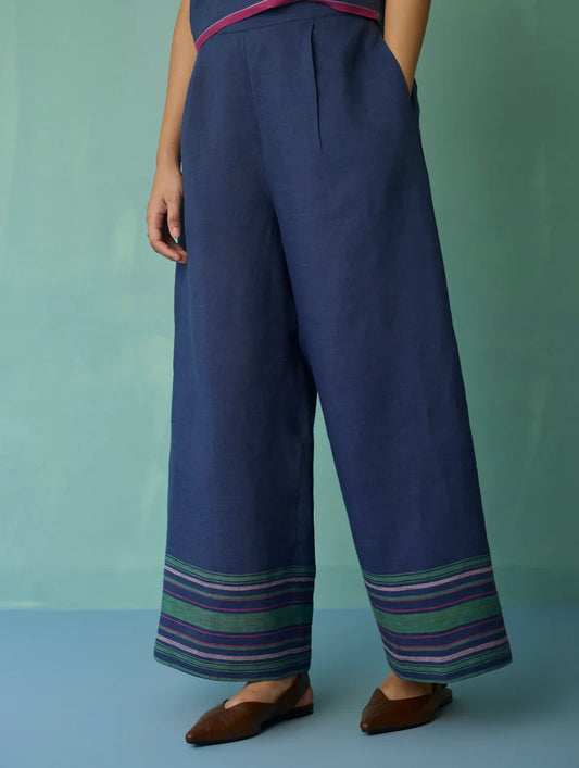 Alina Border Linen Pants - Indigo