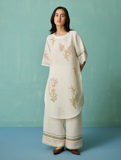Nami Floral Block-Printed Curved Hem Kurta Set - Ivory