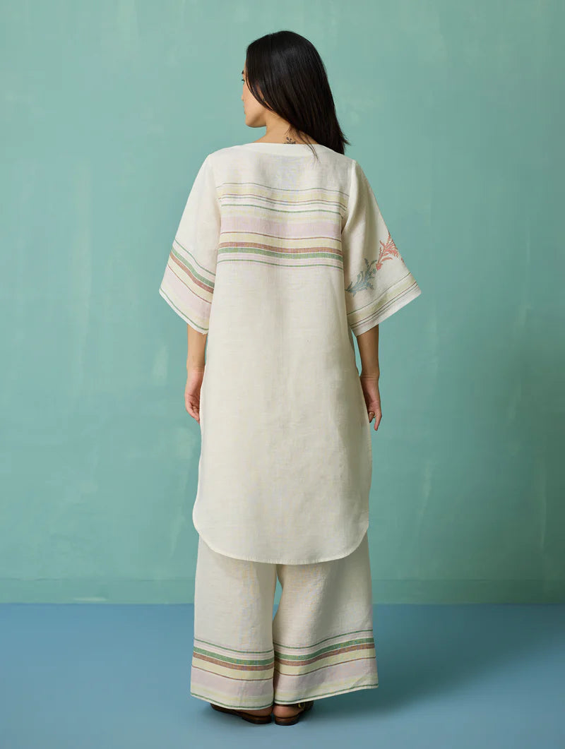 Nami Floral Block-Printed Curved Hem Kurta Set - Ivory