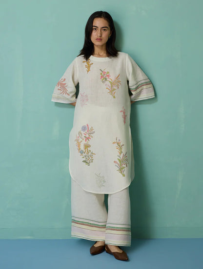 Nami Floral Block-Printed Curved Hem Kurta - Ivory