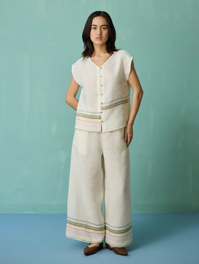 Xora Border Linen Cap-Sleeve Co-ord Set  - Ivory