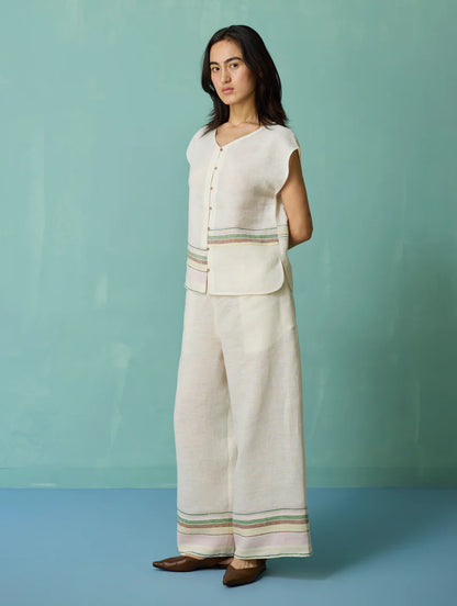 Xora Border Linen Cap-Sleeve Co-ord Set  - Ivory