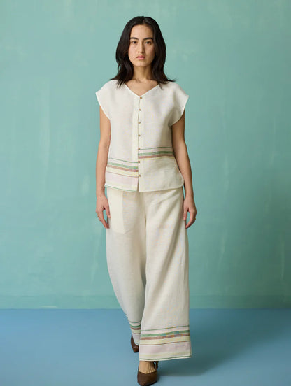 Xora Border Linen Cap-Sleeve Co-ord Set  - Ivory