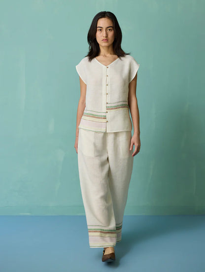 Xora Border Linen Cap-Sleeve Co-ord Set  - Ivory
