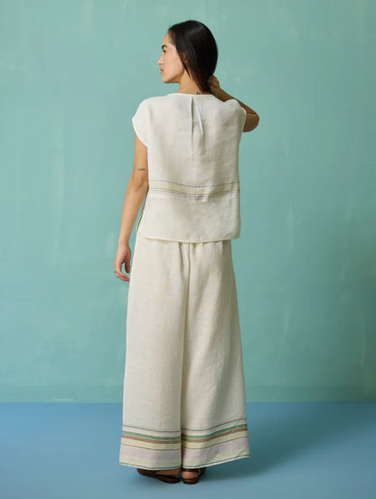 Xora Border Linen Cap-Sleeve Co-ord Set  - Ivory