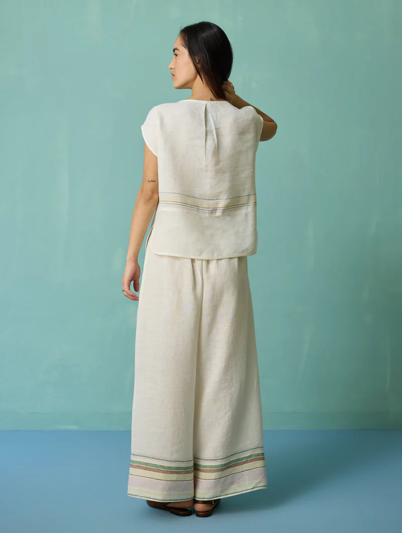 Xora Border Linen Cap-Sleeve Top - Ivory