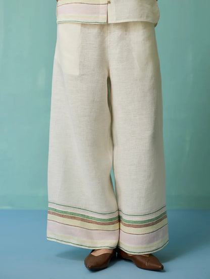 Xora Border Linen Cap-Sleeve Co-ord Set  - Ivory