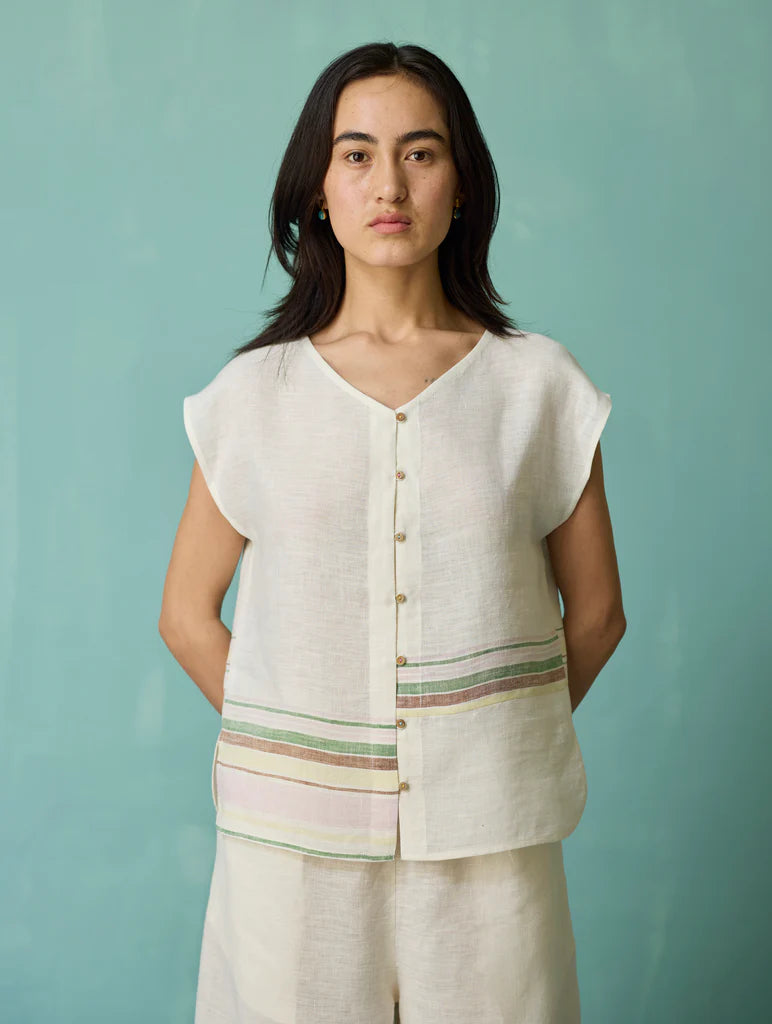 Xora Border Linen Cap-Sleeve Co-ord Set  - Ivory