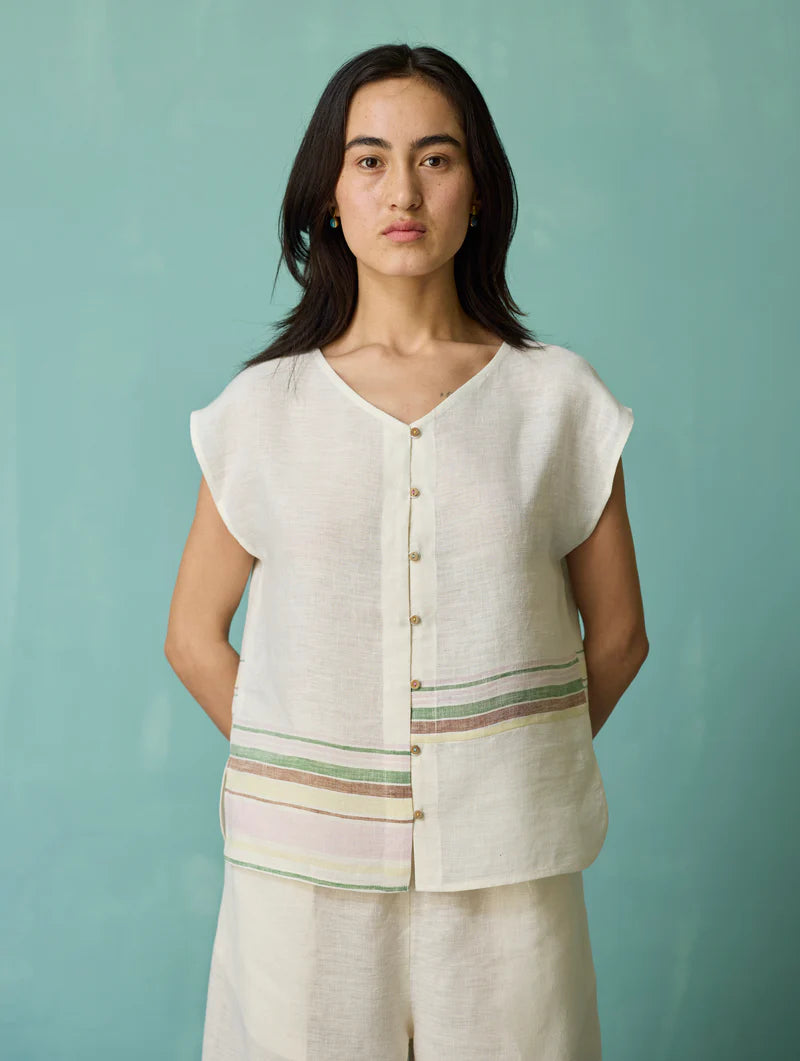 Xora Border Linen Cap-Sleeve Top - Ivory