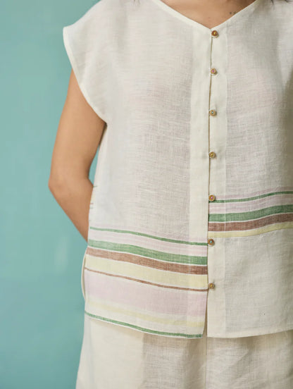 Xora Border Linen Cap-Sleeve Top - Ivory