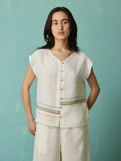 Xora Border Linen Cap-Sleeve Co-ord Set  - Ivory