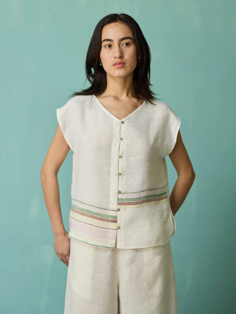 Xora Border Linen Cap-Sleeve Top - Ivory