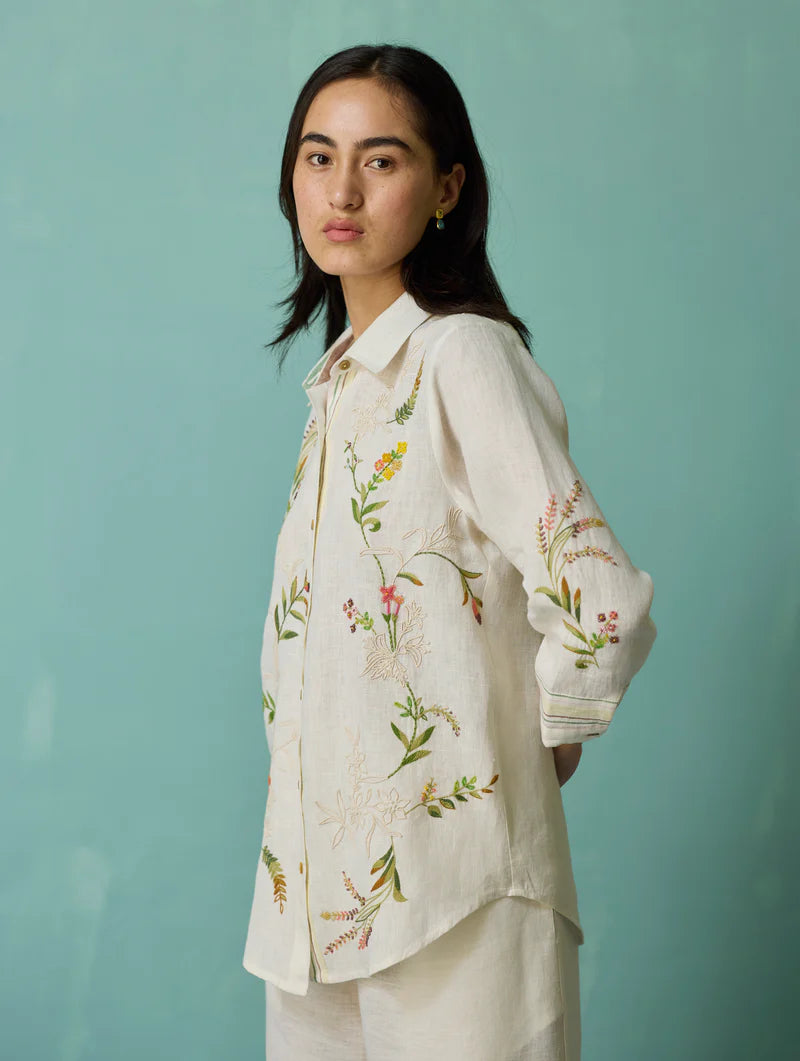 Kima Hand-Embroidered Floral Shirt - Ivory