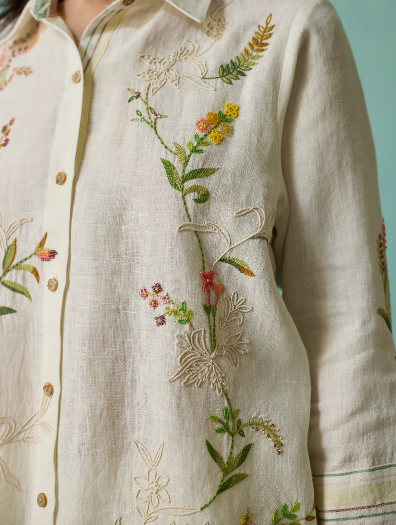 Kima Hand-Embroidered Floral Shirt - Ivory