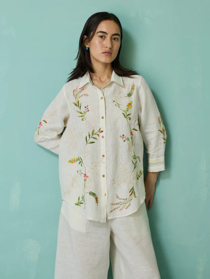 Kima Hand-Embroidered Floral Shirt - Ivory