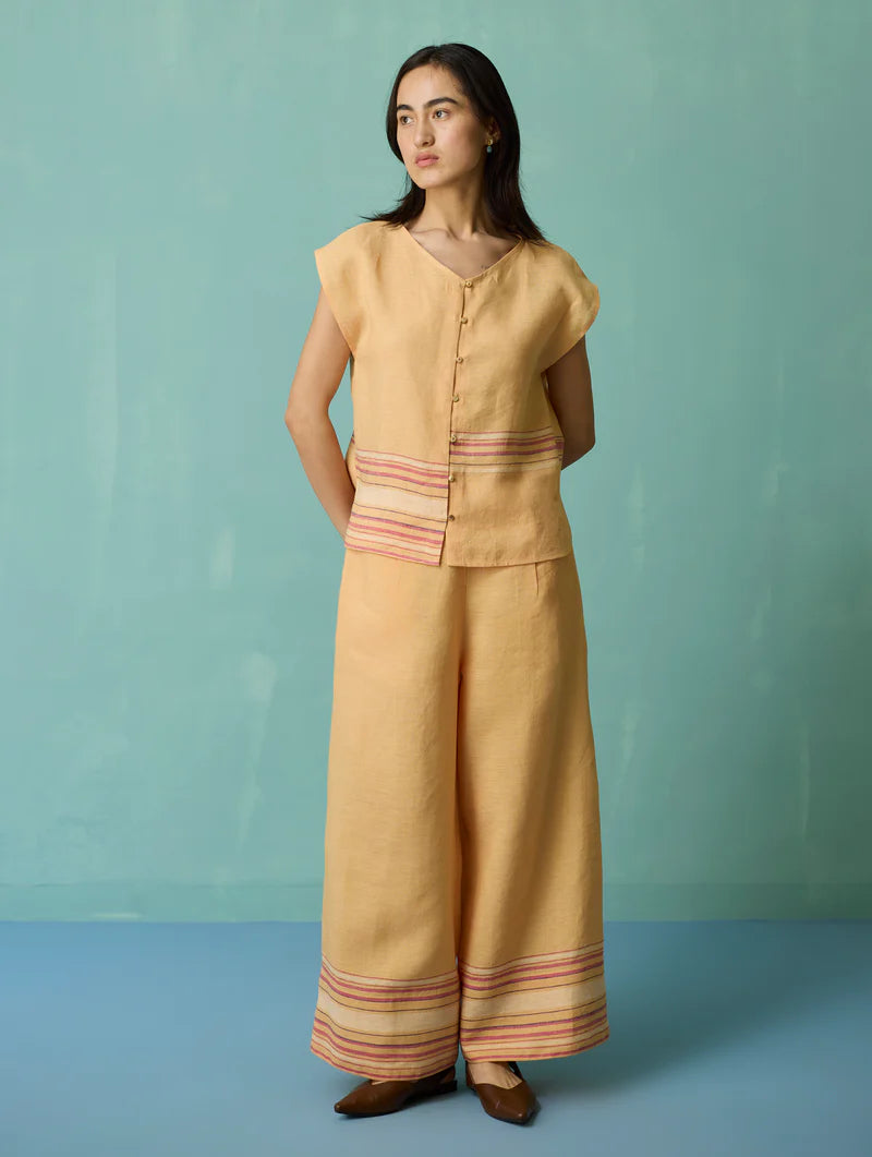 Xora Border Linen Cap-Sleeve Co-ord Set  - Apricot