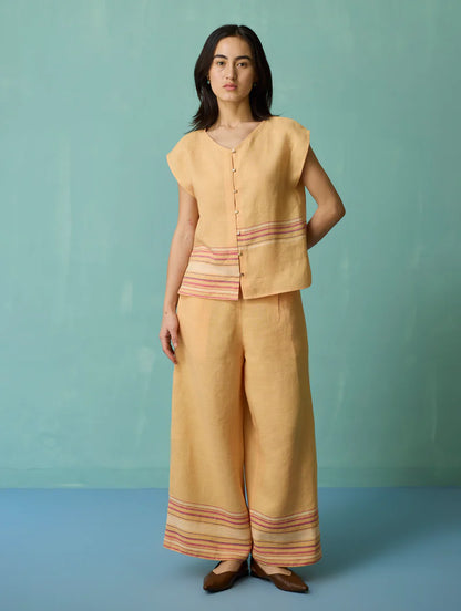Xora Border Linen Cap-Sleeve Co-ord Set  - Apricot