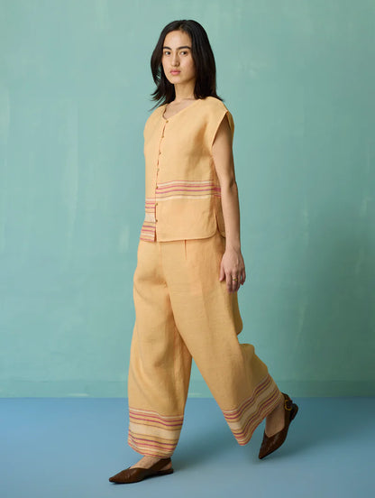 Xora Border Linen Cap-Sleeve Co-ord Set  - Apricot